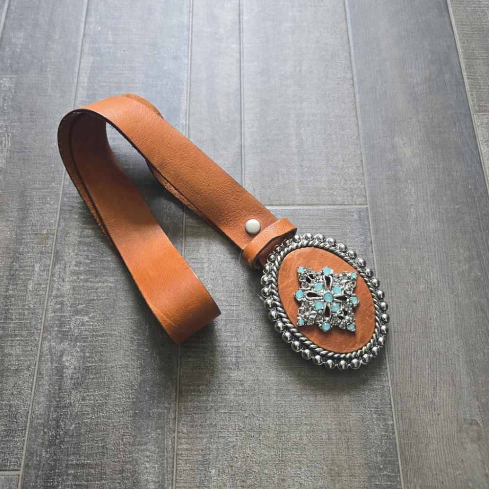 Leather Rock Embellished Turquoise Cabochons Design Leather Jean Belt